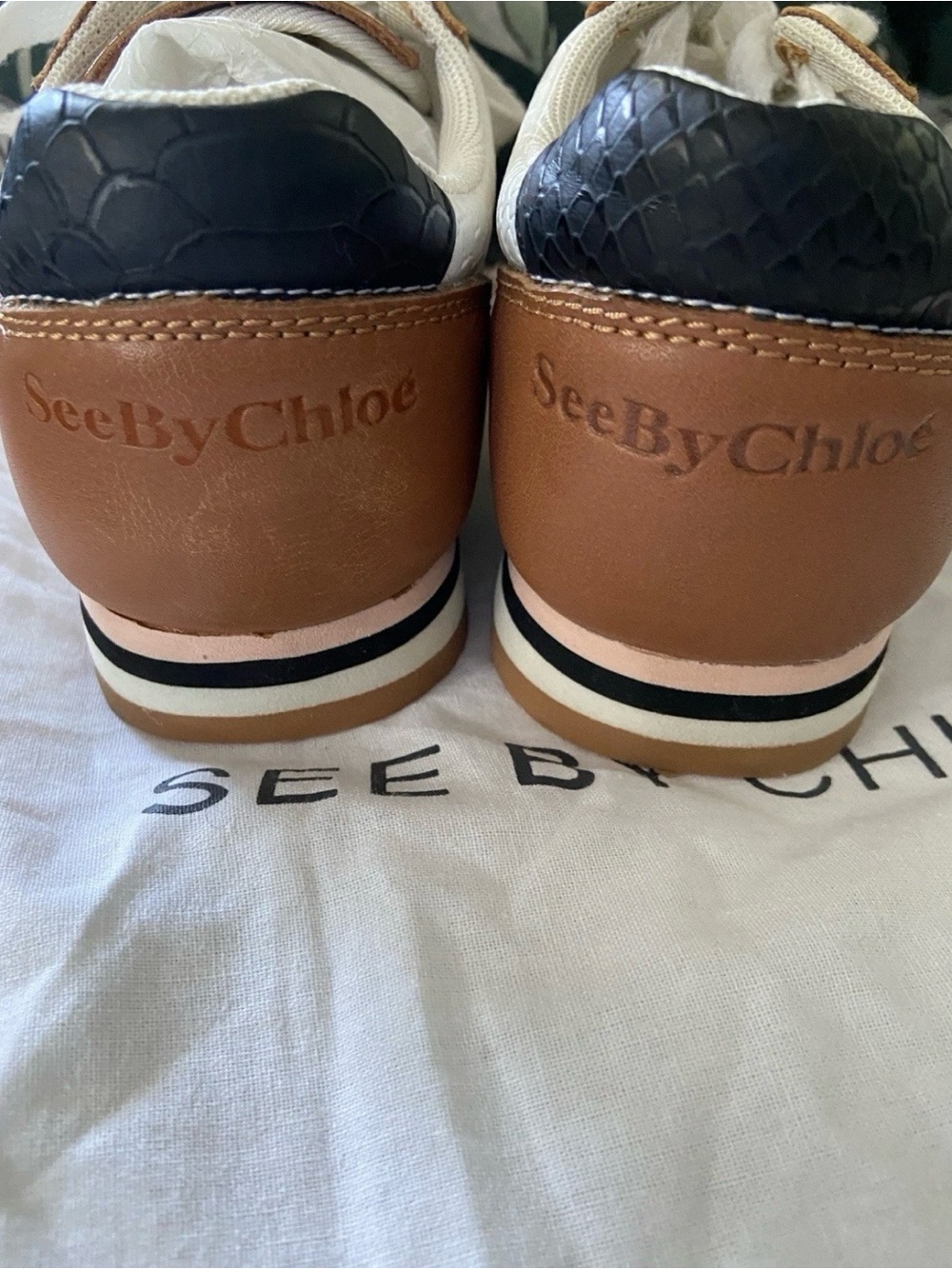 See by Chloé White & Brown Leather Sneakers Size 5.5 - Picture 3 of 7